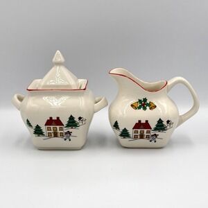 VTG 80s Jamestown China Joy of Christmas Sugar Creamer Set Stoneware Holiday
